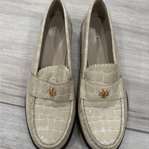 Tory Burch Cream Croc-Embossed Loafers with Gold Detail